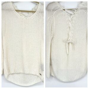 New Together Apparel Crocheted‎ Open Weave Lace-Up Back V-Neck Sweater Cream S/M